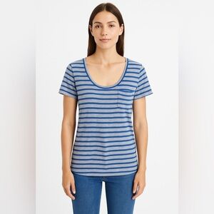 Madewell Women’s Blue Gray Stripe T-Shirt S Pocket Tee Nautical Coastal Preppy